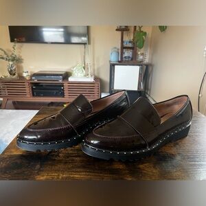 Glossy Burgundy Patent Leather Halogen Loafers with Stud Details